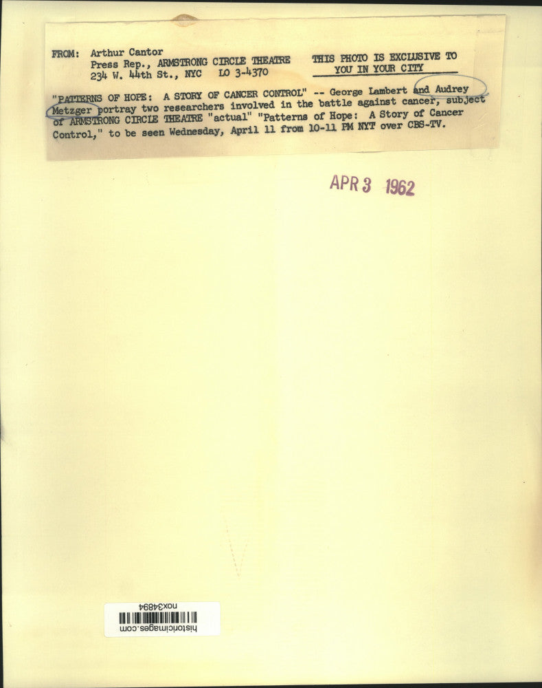 Load image into Gallery viewer, 1962 Press Photo Actors in "Patterns of Hope: A Story of Cancer Control"
