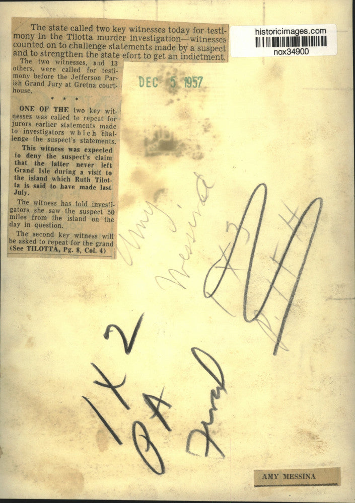 1957 Press Photo Witness in Tilotta Murder Investigation Amy Messina, Gretna