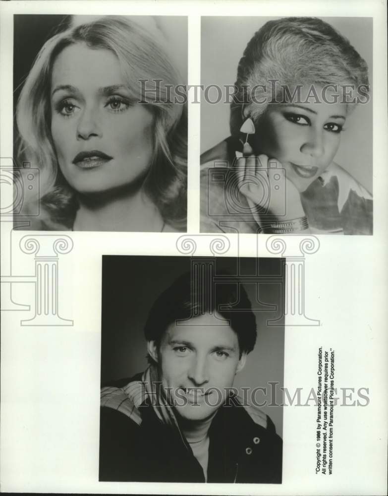 1986 Press Photo Actors Lauren Hutton, Bruce Boxleitner, SInger Aretha Franklin