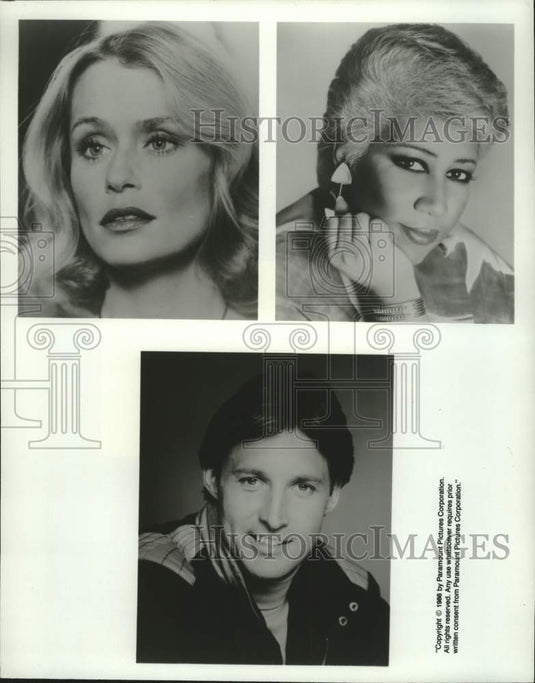 1986 Press Photo Actors Lauren Hutton, Bruce Boxleitner, SInger Aretha Franklin