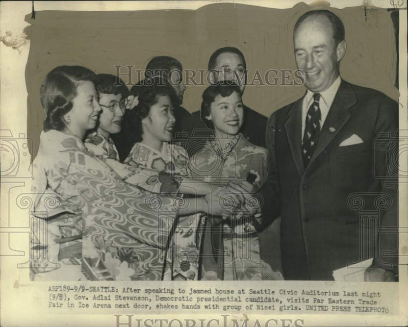 Load image into Gallery viewer, 1952 Press Photo Governor Adlai Stevenson greets a group of Nisei girls, Seattle
