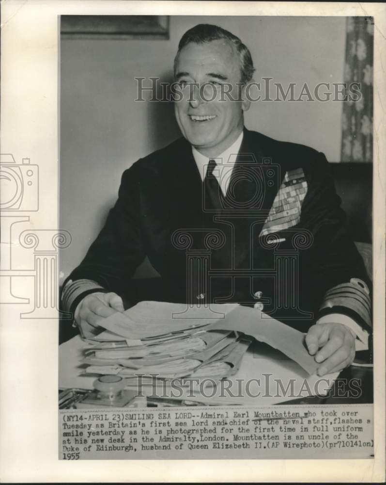 1955 Press Photo Admiral Earl Mountbatten in full uniform at his desk, London