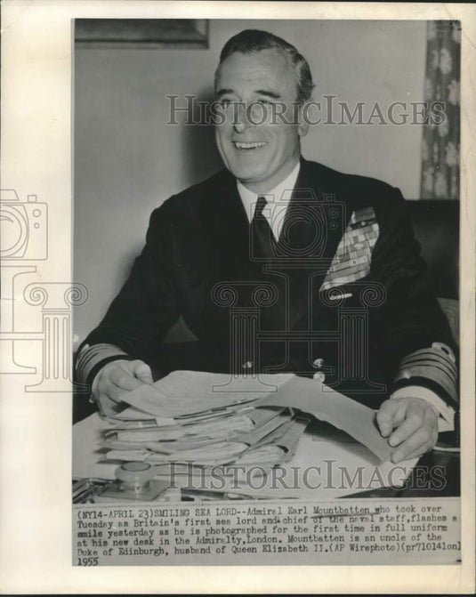 1955 Press Photo Admiral Earl Mountbatten in full uniform at his desk, London