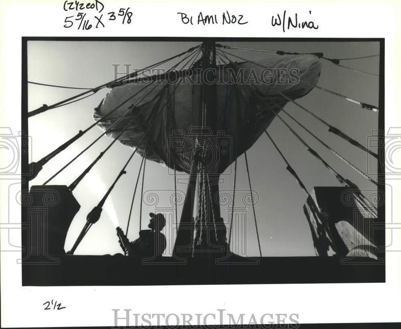 Load image into Gallery viewer, 1993 Press Photo Coast Guard inspection of fire hose on Nina ship replica
