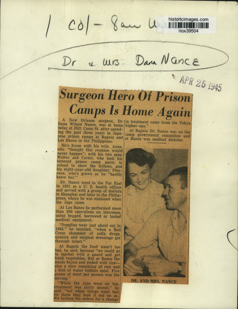 1945 Press Photo Prisoner of War Dr. Dana Wilson Nance, Wife, New Orleans