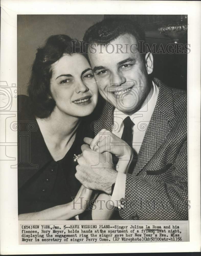 1956 Press Photo Singer Julius La Rosa, Fiancee Rory Meyer, New York - nox39537