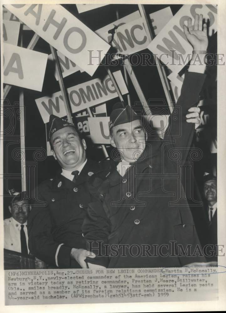 Load image into Gallery viewer, 1959 Press Photo Martin B. McKneally and Preston Moore wave to Legion members.
