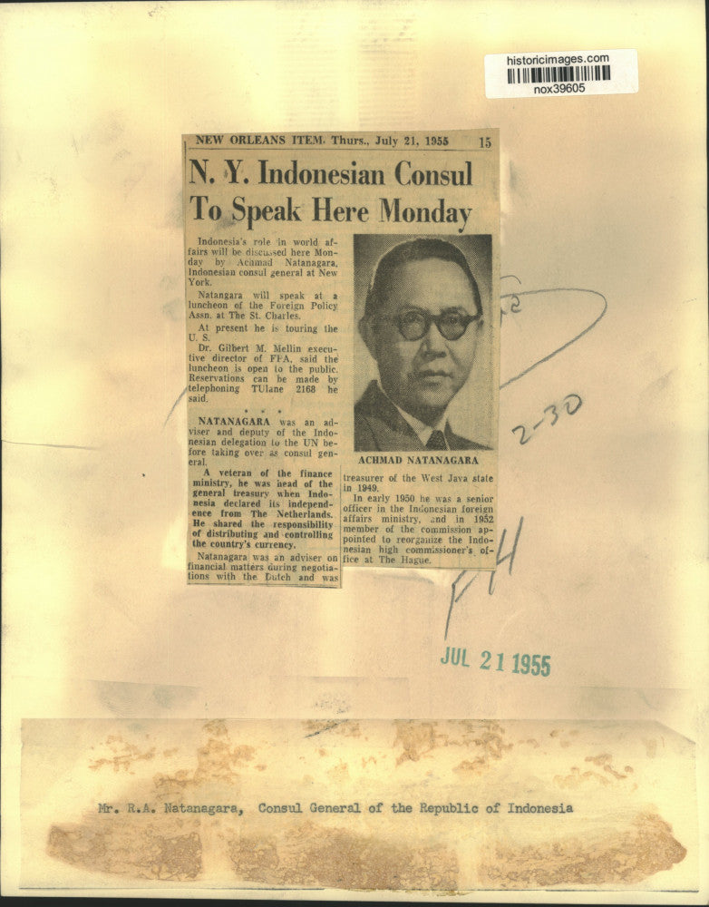 1955 Press Photo Mr.R.A. Natanagara, Consul General of the Republic of Indonesia