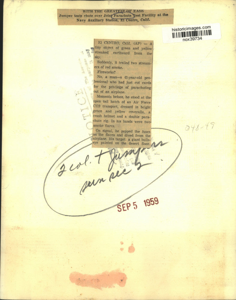 1959 Press Photo Jumper at Joint Parachute Test Facility, El Centro, California