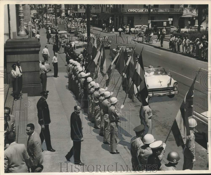 Load image into Gallery viewer, 1955 Press Photo Pan-American Day Motorcade, Color Guard in New Orleans
