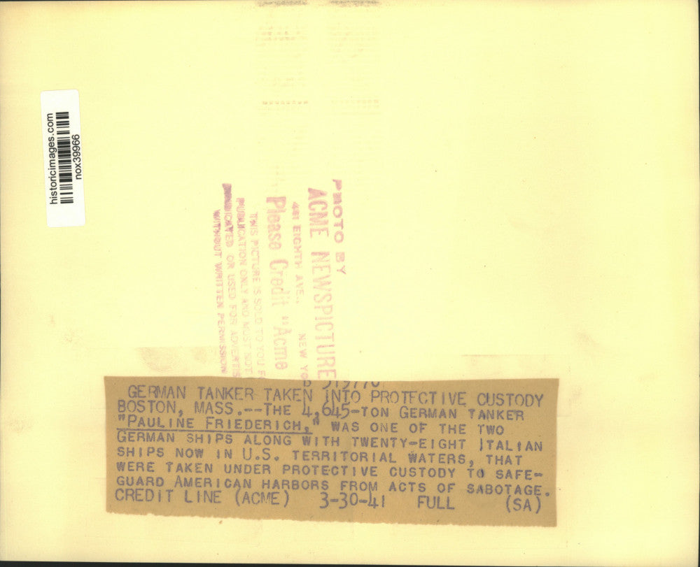 1941 Press Photo German Tanker Pauline Friederich in U.S. Custody, Boston