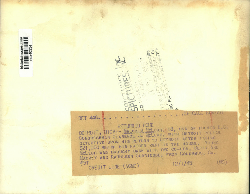 1945 Press Photo Former Congressman Clarence J. McLeod's Son Returned to Detroit