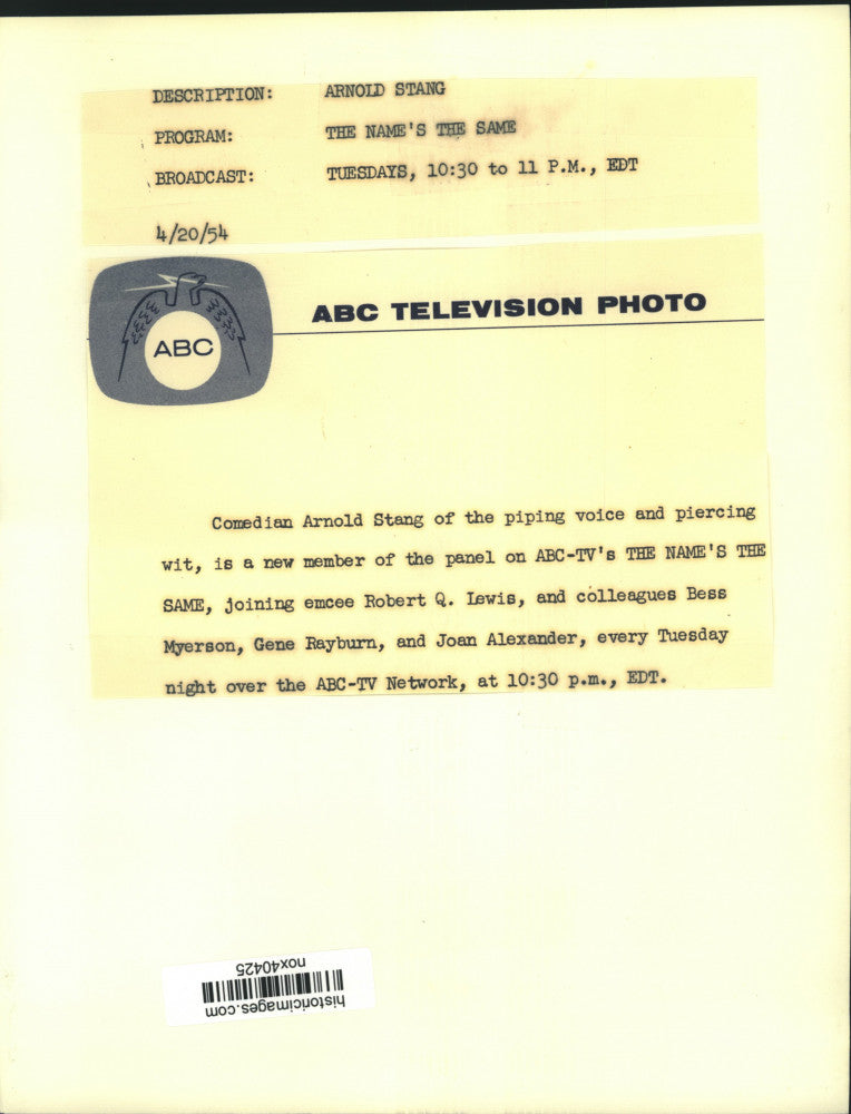 1954 Press Photo Comedian Arnold Stang on ABC-TV's "The Name's The Same."