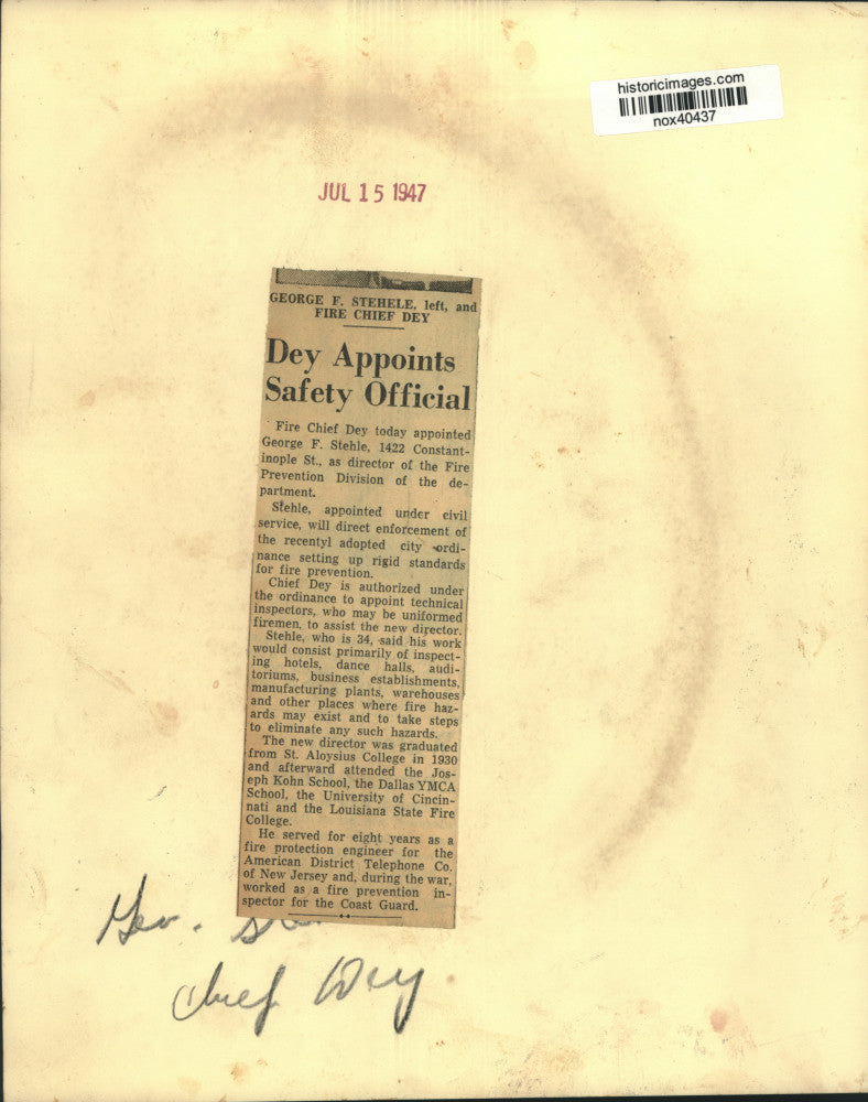 1947 Press Photo George F. Stehle, Fire Chief Dey of New Orleans Fire Department