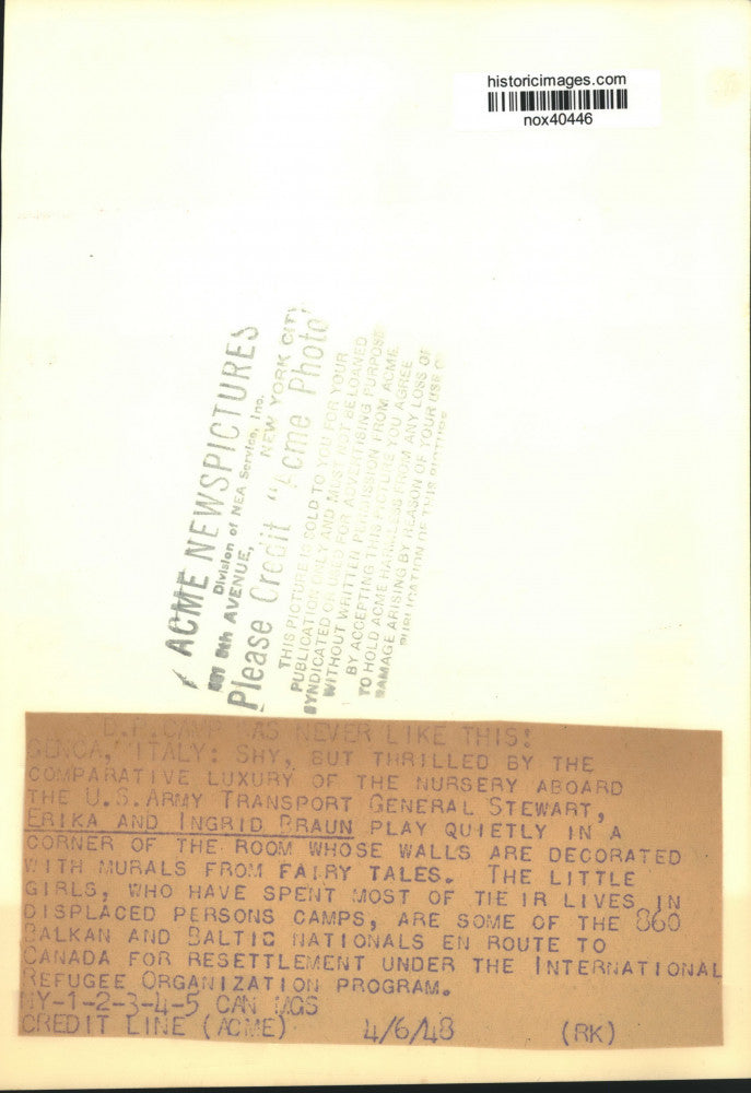 1948 Press Photo Twin Girl Refugees Aboard Transport to Canada for Resettlement