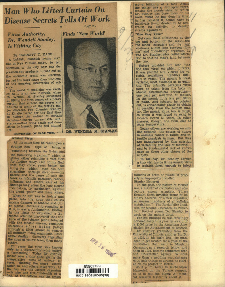 1936 Press Photo Virus Authority Dr. Wendell Stanley in New Orleans - nox40535