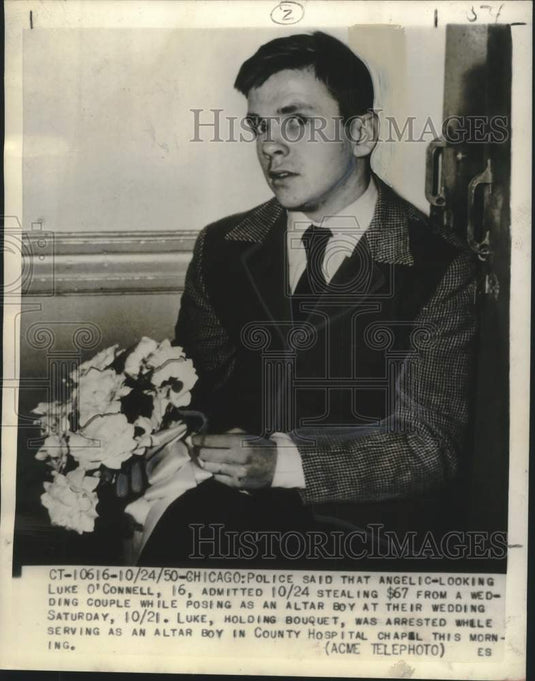 1950 Press Photo Luke O'Connell Charged with Theft at Chicago Wedding