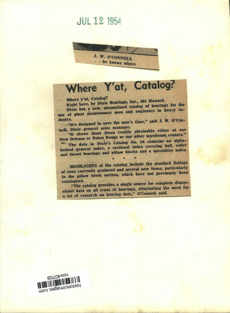 1954 Press Photo Dixie Bearings General Sales Manager J.W. O'Connell - nox40709