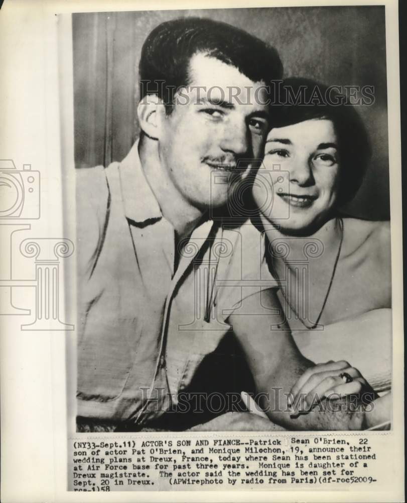 1958 Press Photo Sean, Son of Actor Pat O&#39;Brien, &amp; Fiancee Monique Milochon
