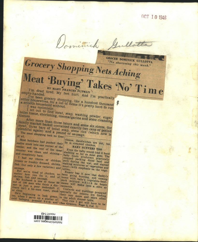 1946 Press Photo Grocer Dominick Gullotta "No shortening this week."