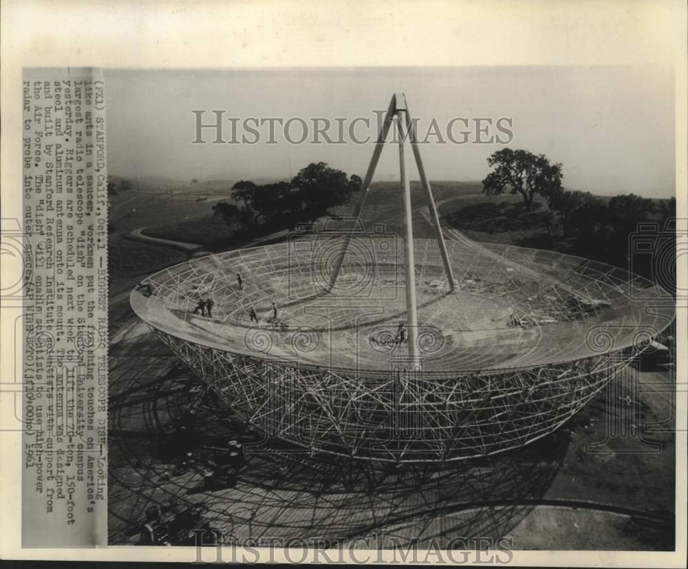 1961 Press Photo Workers Finish Radio Telescope Dish, Stanford University