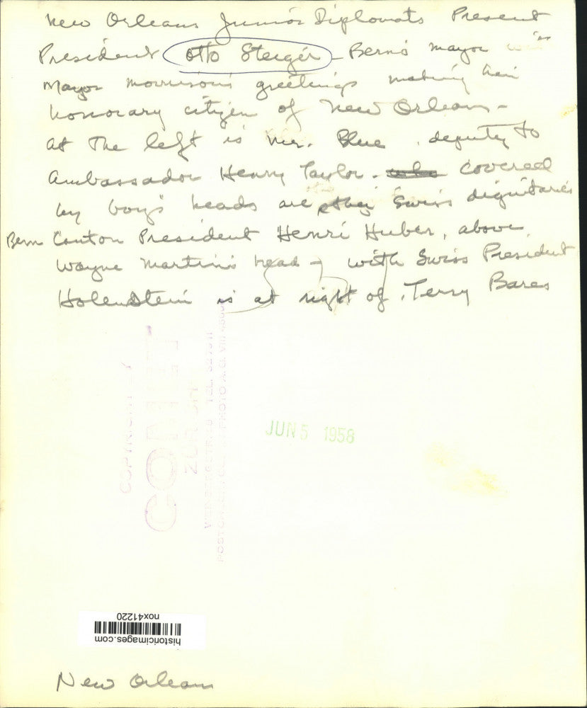 1958 Press Photo New Orleans Junior Diplomats & Mayor Host Swiss Officials