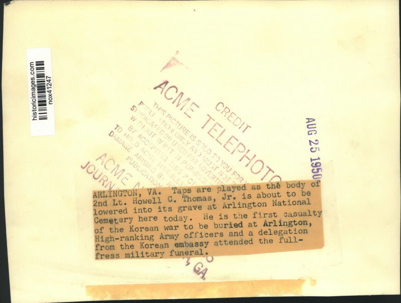 Load image into Gallery viewer, 1950 Press Photo Burial of Lieutenant Howell C. Thomas Jr., Arlington Cemetery

