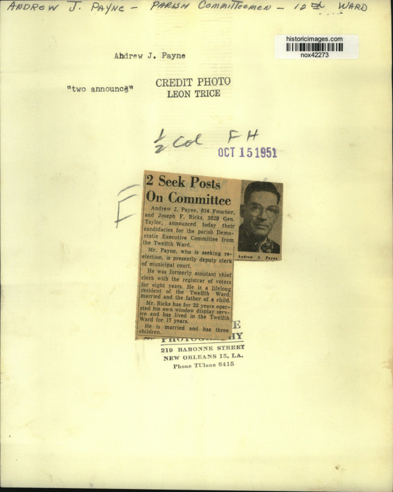 1951 Press Photo Andrew J. Payne & Joseph Ricks announced candidacies 12th ward.