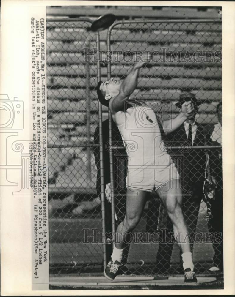 1962 Press Photo Discus Thrower Al Oerte Sets Record at Los Angeles Competition