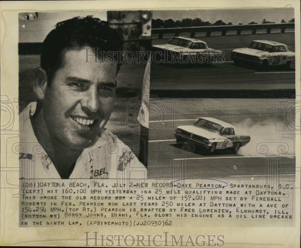 1962 Press Photo Daytona-Dave Pearson hit 160.108 MPH breaking the old record- Historic Images