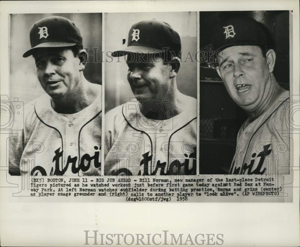 1958 Press Photo Bill Norman, the new manager of Detroit Tigers at a workout.