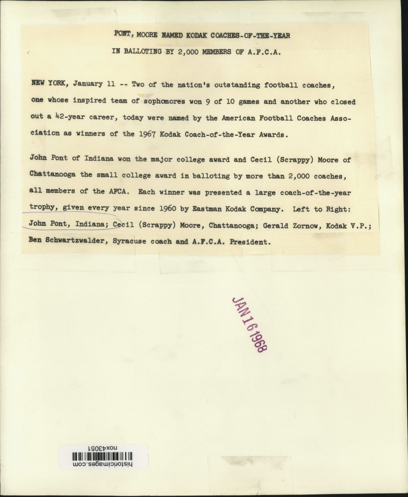 1968 Press Photo Kodak Honors Indiana, Chattanooga University Football Coaches