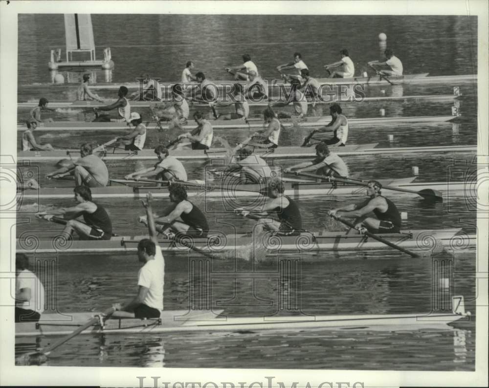 1984 Press Photo Olympic Rowers at Lake Casitas, California - nox44099