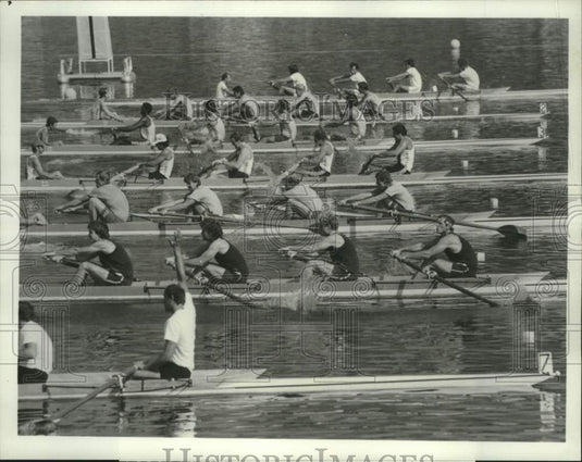 1984 Press Photo Olympic Rowers at Lake Casitas, California - nox44099