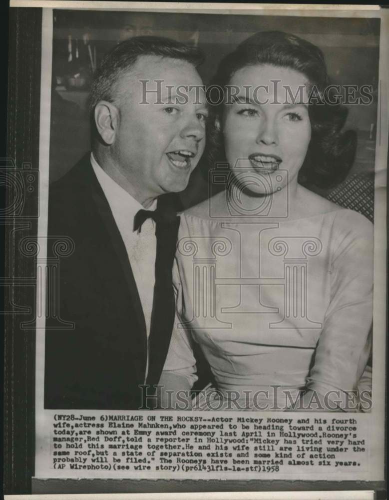 1958 Press Photo Mickey Rooney and his 4th wife Elaine Mahnken at Emmy Awards.- Historic Images