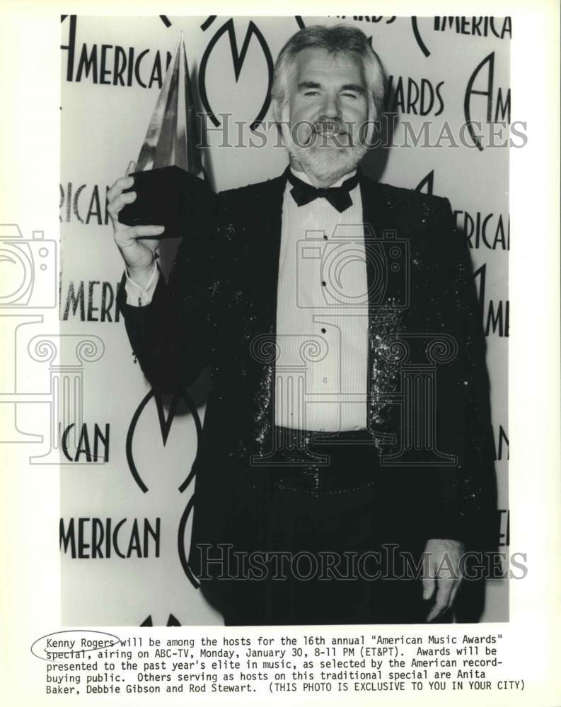 1989 Press Photo Kenny Rogers will be a host for &quot;American Music Awards&quot; on ABC.- Historic Images