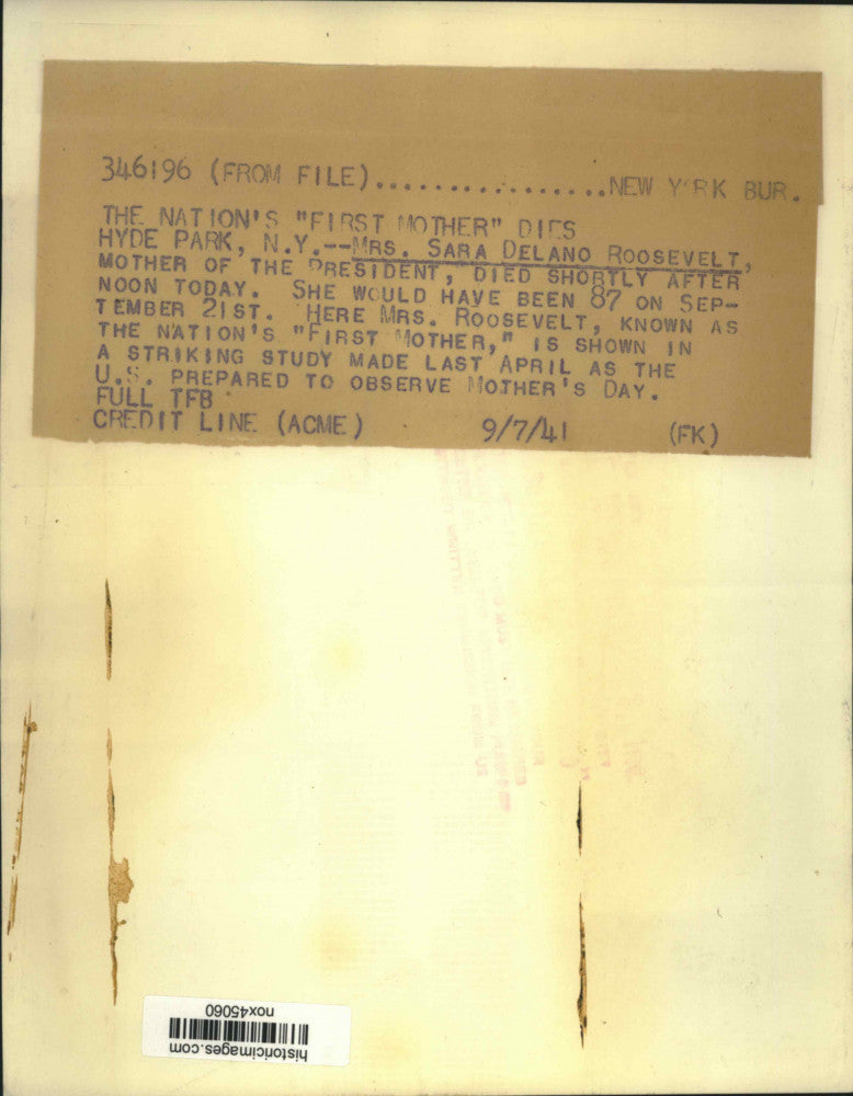 1941 Press Photo Mother of the President, Mrs. Sara Delano Roosevelt - nox45060