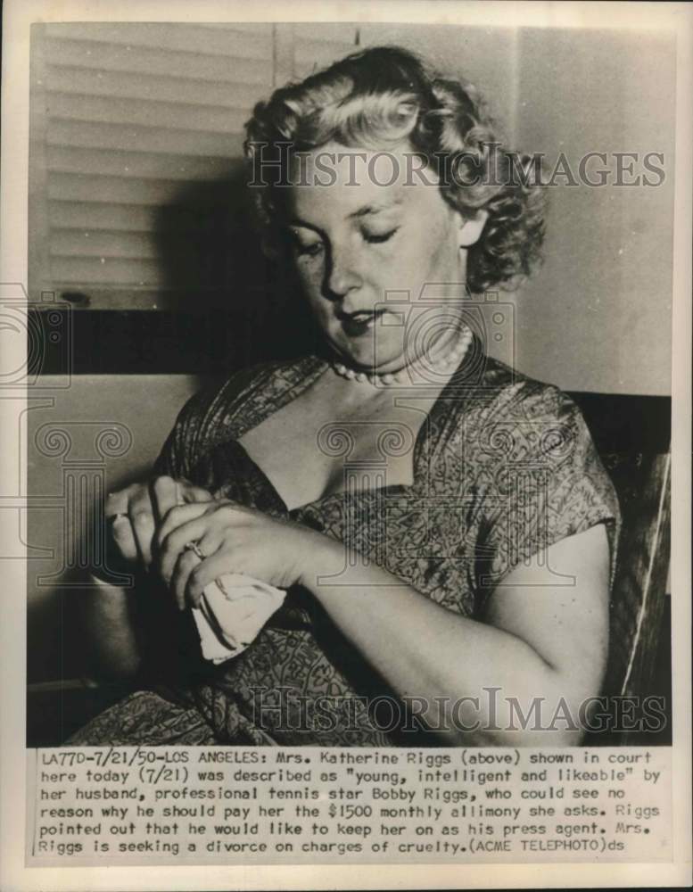 1950 Press Photo Tennis Star Bobby Riggs&#39; Wife in Divorce Court, Los Angeles- Historic Images