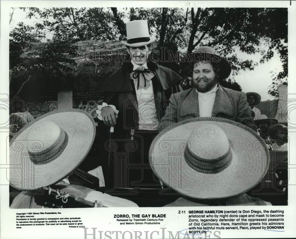 1981 Press Photo Actors George Hamilton, Donovan Scott in "Zorro, The Gay Blade"