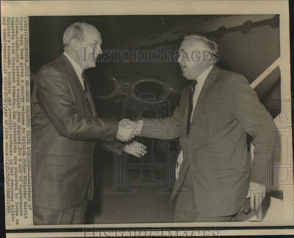 1966 Press Photo Secretary of State Dean Rusk Welcomes Prime Minister Wilson