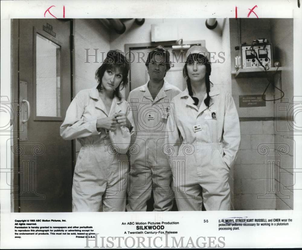 1983 Press Photo Actors Meryl Streep, Kurt Russell, Cher in "Silkwood"