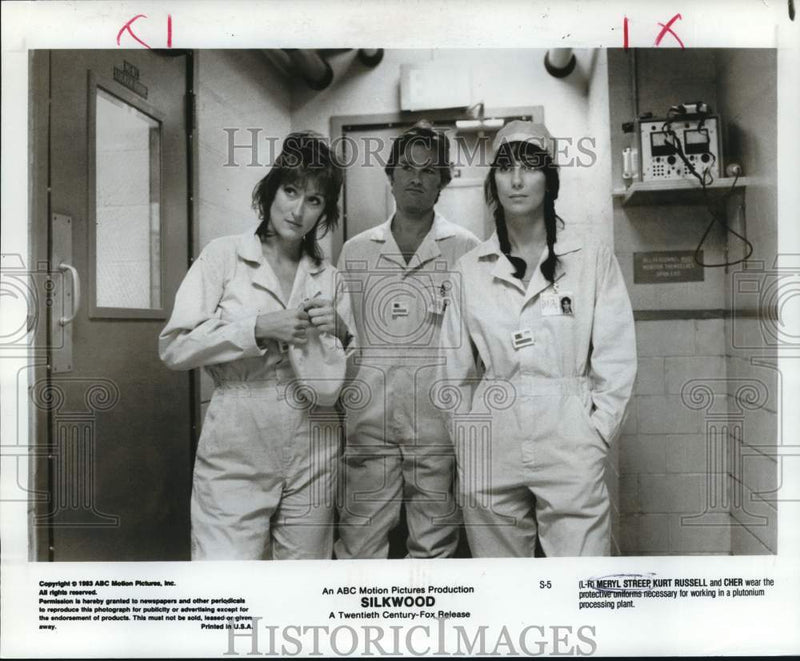 Load image into Gallery viewer, 1983 Press Photo Actors Meryl Streep, Kurt Russell, Cher in "Silkwood"
