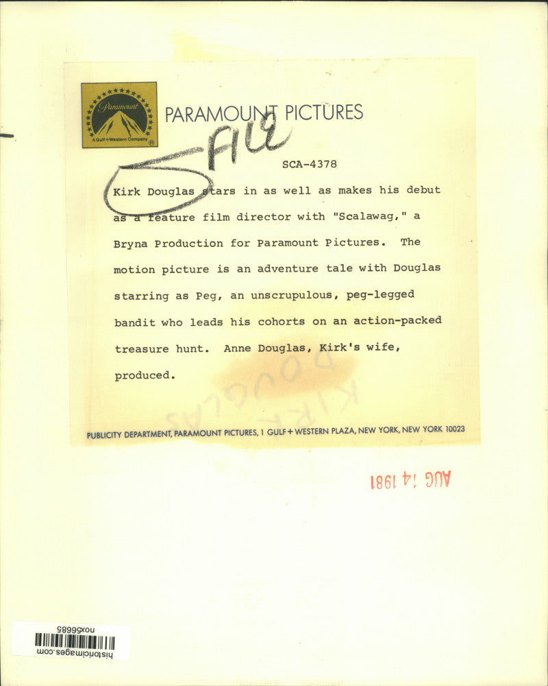 1983 Press Photo Kirk Douglas stars as Peg in Paramount's "Scalawag."