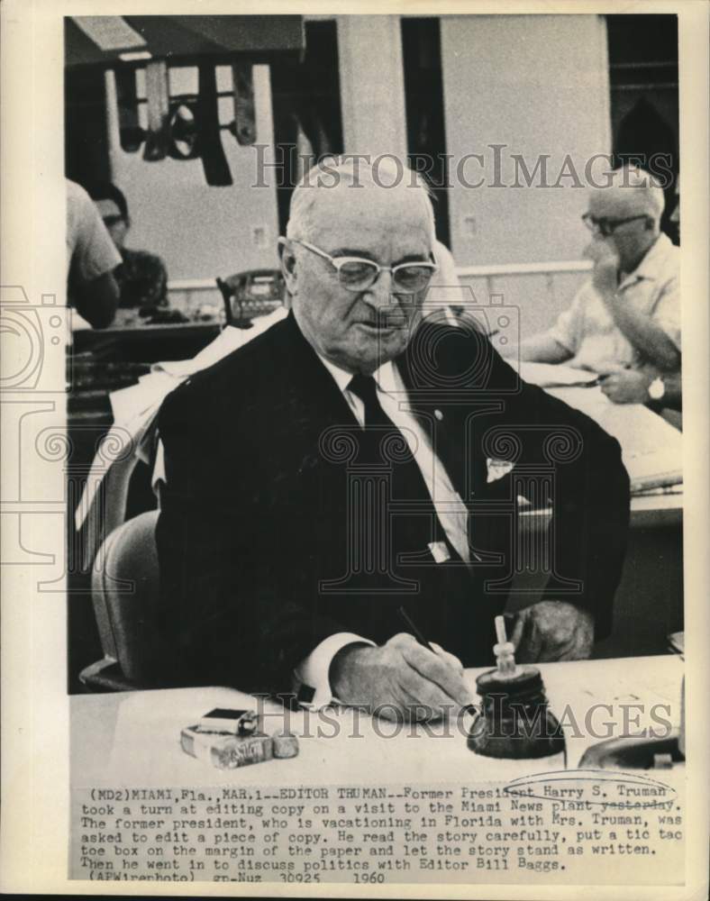 1960 Press Photo Former President Truman visits Miami New plant and edits copy- Historic Images