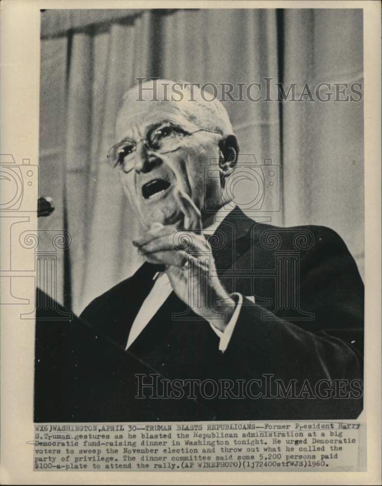 1960 Press Photo Former President Truman speaks at Democratic fundraiser dinner- Historic Images