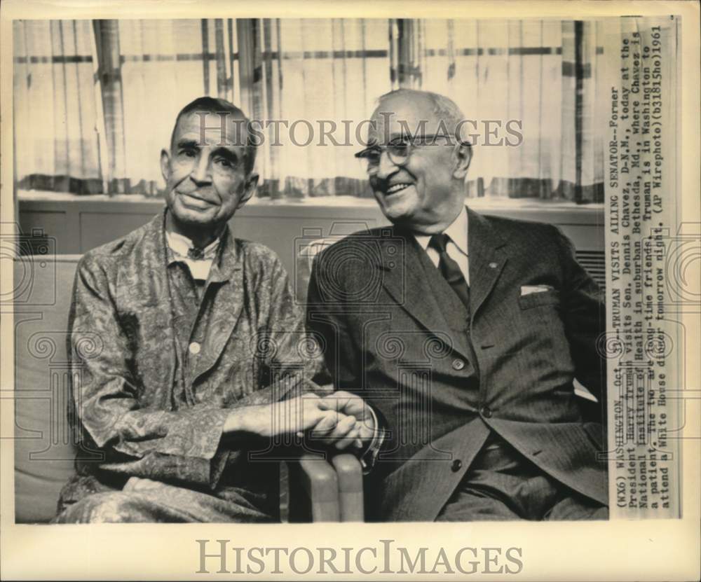 1961 Press Photo Former President Truman visits Senator Dennis Chavez in MD.- Historic Images