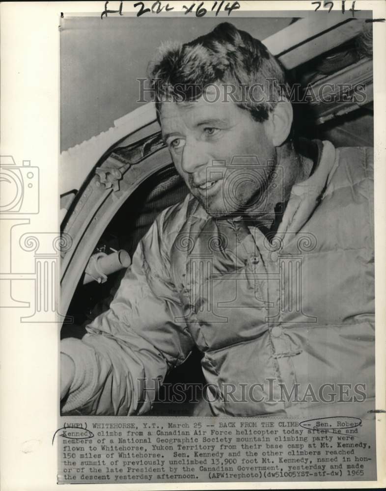 1965 Press Photo Robert Kennedy climbs from helicopter in Whitehorse, Y.T.- Historic Images