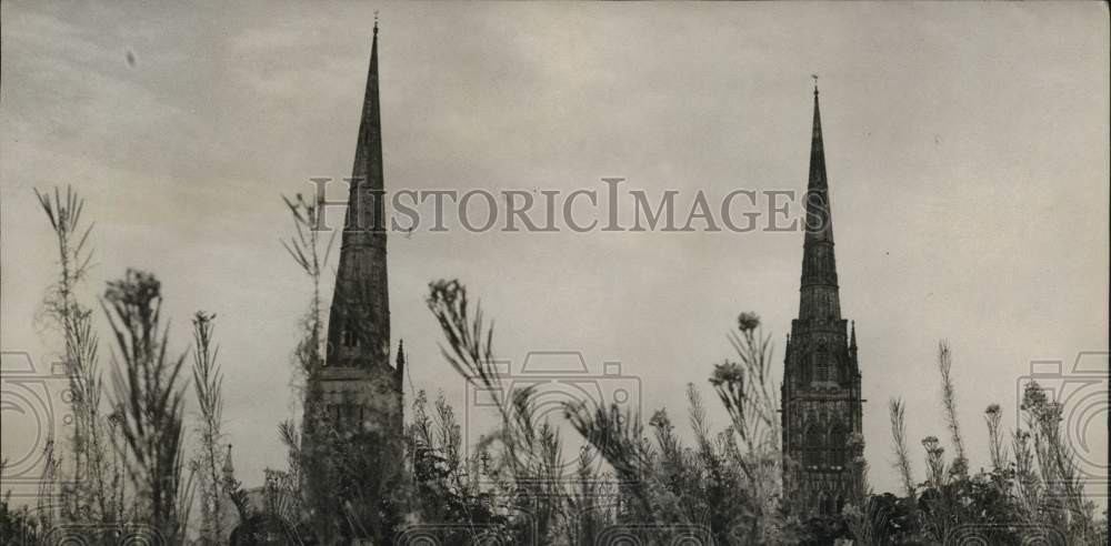 1946 Press Photo Six-foot weeds sprout from ruins of Coventry churches.