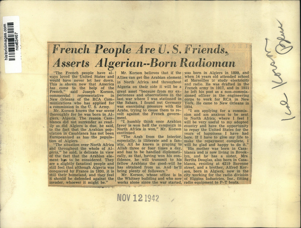 1942 Press Photo Joseph Korson, RCA Communications representative in New Orleans