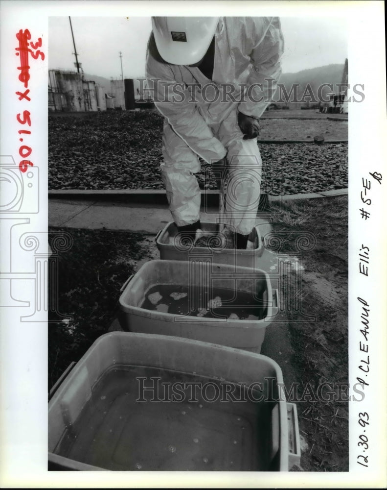 1993 Press Photo Hazardous Material Being Washed Off - orb15294- Historic Images